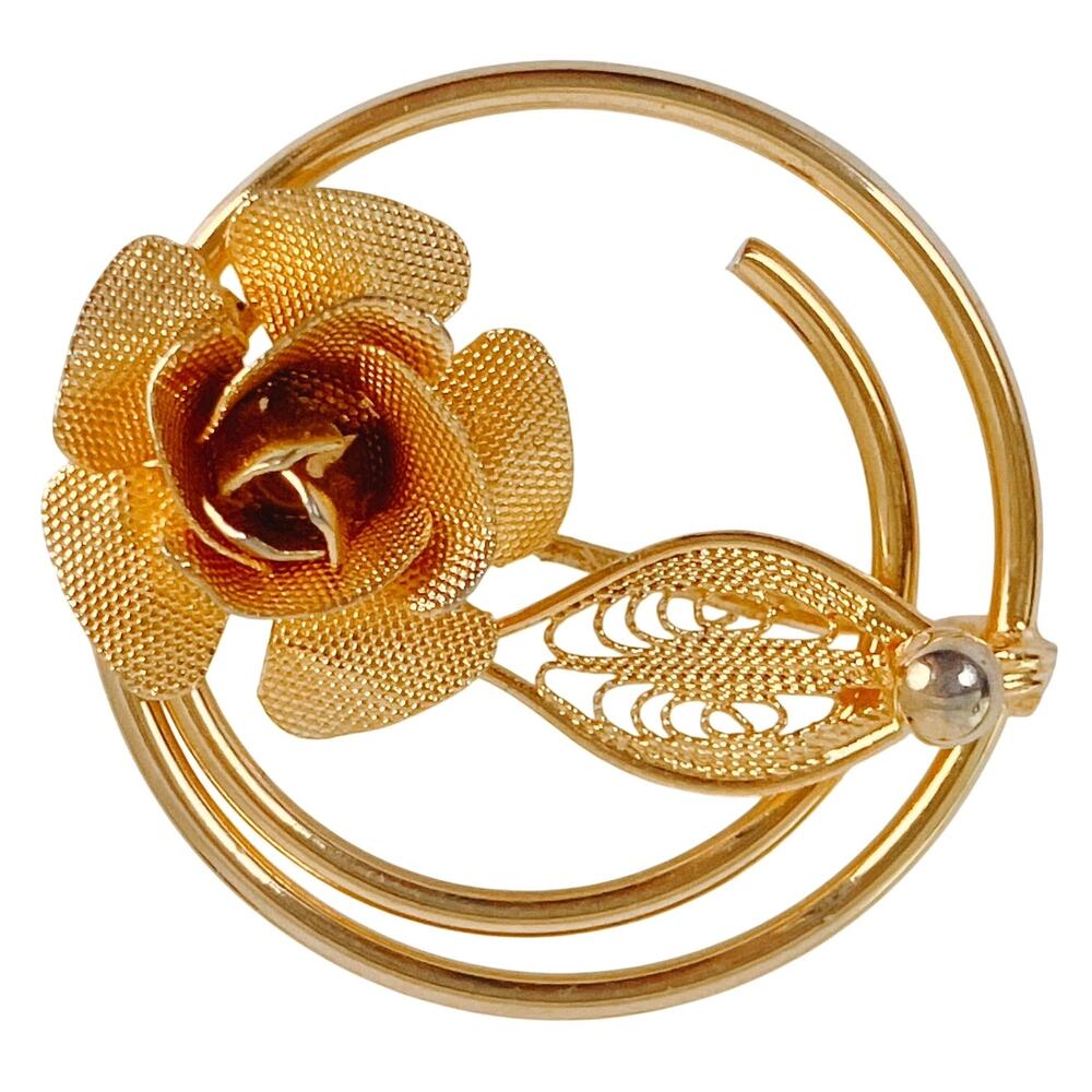 VTG Signed Sarah Coventry Mesh Rose Brooch Gold Tone Filigree Mid Century Pin